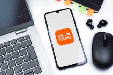 Prag, Çek Cumhuriyeti - 10 21 2024: Temu logosunu gösteren akıllı telefon.