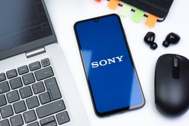 Prag, Çek Cumhuriyeti - 10 21 2024: Sony logosunu gösteren akıllı telefon.