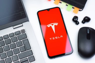 Prag, Çek Cumhuriyeti - 10 21 2024: Tesla logosunu gösteren akıllı telefon.