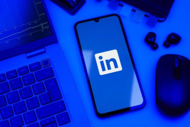 Prag, Çek Cumhuriyeti - 10 21 2024: Yüzeyde LinkedIn logosunu gösteren akıllı telefon.
