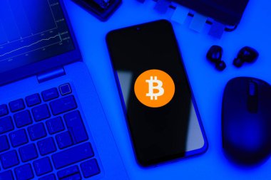 Prag, Çek Cumhuriyeti - 10 21 2024: Bitcoin logosunu gösteren akıllı telefon.
