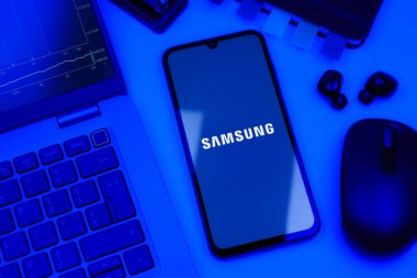 Prag, Çek Cumhuriyeti - 10 21 2024: Samsung logosunu gösteren akıllı telefon.