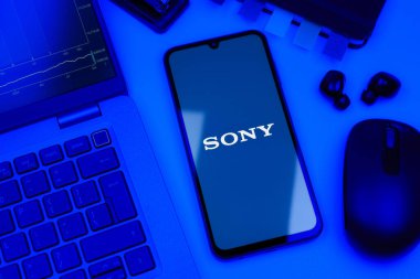Prag, Çek Cumhuriyeti - 10 21 2024: Sony logosunu gösteren akıllı telefon.