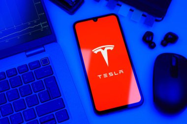 Prag, Çek Cumhuriyeti - 10 21 2024: Tesla logosunu gösteren akıllı telefon.