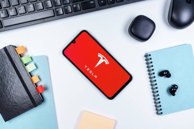 Prag, Çek Cumhuriyeti - 10 21 2024: Tesla logosunu gösteren akıllı telefon.