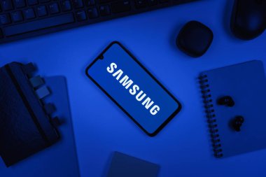 Prag, Çek Cumhuriyeti - 10 21 2024: Samsung logosunu gösteren akıllı telefon.