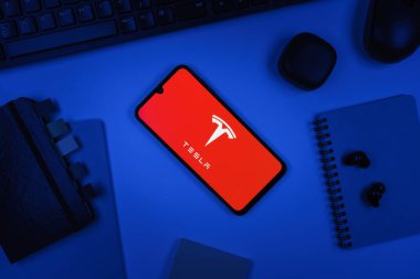 Prag, Çek Cumhuriyeti - 10 21 2024: Tesla logosunu gösteren akıllı telefon.