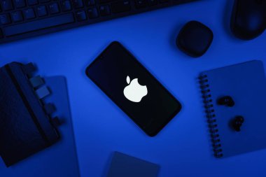 Prag, Çek Cumhuriyeti - 10 21 2024: Apple logosunu gösteren akıllı telefon.