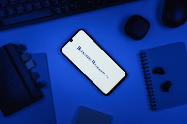 Prag, Çek Cumhuriyeti - 10 21 2024: Berkshire Hathaway logosunu gösteren akıllı telefon.