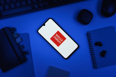 Prag, Çek Cumhuriyeti - 10 21 2024: Wells Fargo logosunu gösteren akıllı telefon.