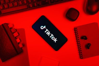 Prag, Çek Cumhuriyeti - 10 21 2024: Tiktok logosunu gösteren akıllı telefon.