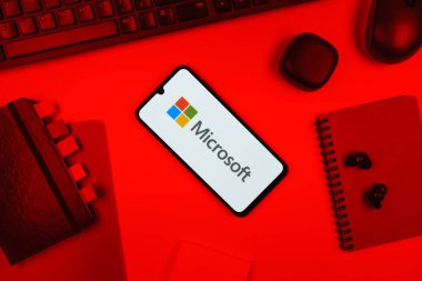 Prag, Çek Cumhuriyeti - 10 21 2024: Microsoft logosunu gösteren akıllı telefon.