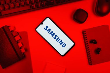 Prag, Çek Cumhuriyeti - 10 21 2024: Samsung logosunu gösteren akıllı telefon.