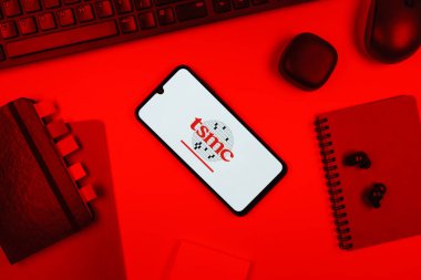 Prag, Çek Cumhuriyeti - 10 21 2024: Yüzeyde TSMC logosu gösteren akıllı telefon.
