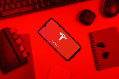 Prag, Çek Cumhuriyeti - 10 21 2024: Tesla logosunu gösteren akıllı telefon.