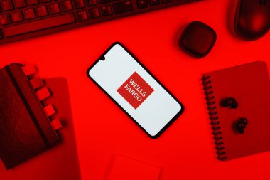 Prag, Çek Cumhuriyeti - 10 21 2024: Wells Fargo logosunu gösteren akıllı telefon.