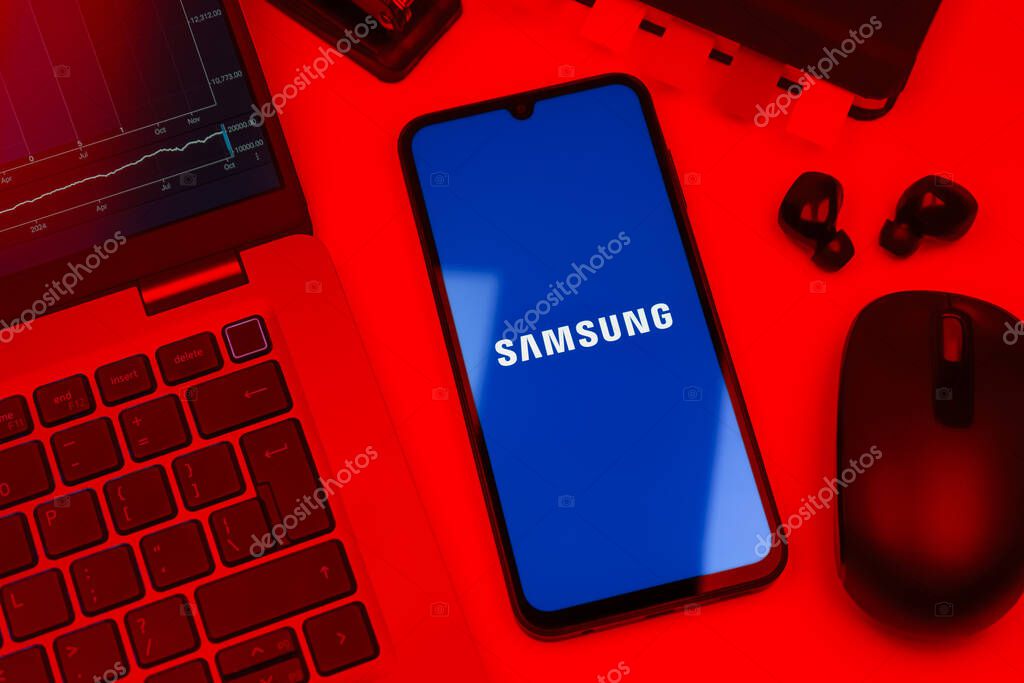 Prague, Czechia - 10 21 2024: Smartphone on surface showing Samsung logo.