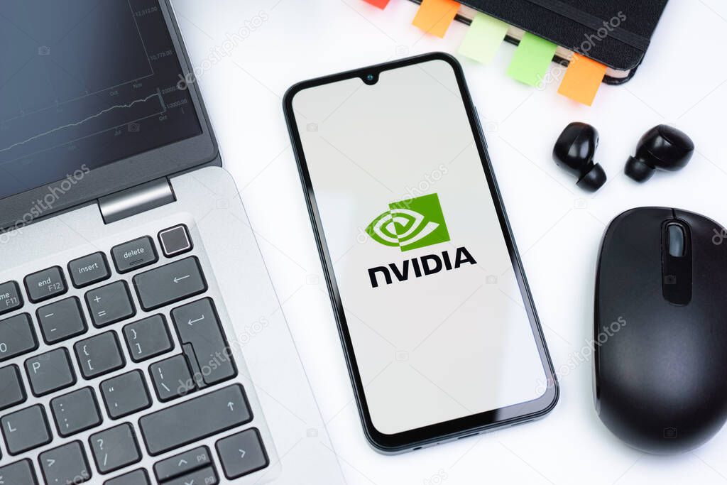 Prague, Czechia - 10 21 2024: Smartphone on surface showing NVIDIA logo.