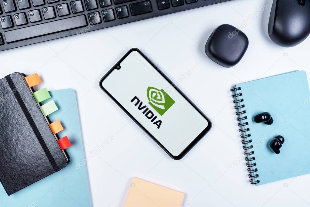 Prague, Czechia - 10 21 2024: Smartphone on surface showing NVIDIA logo.