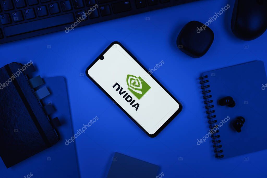 Prague, Czechia - 10 21 2024: Smartphone on surface showing NVIDIA logo.