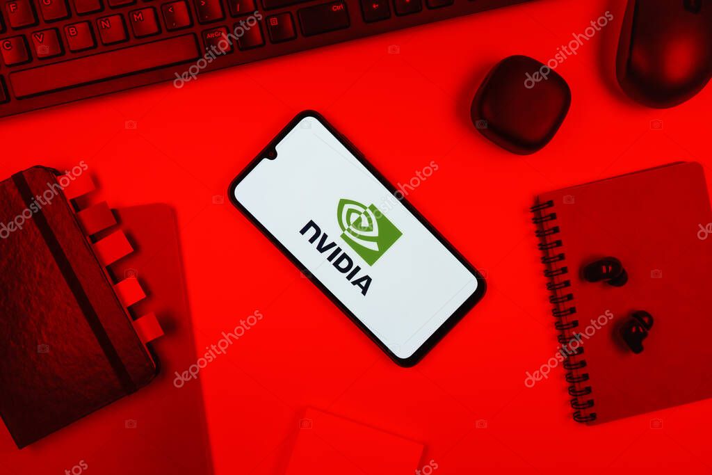 Prague, Czechia - 10 21 2024: Smartphone on surface showing NVIDIA logo.
