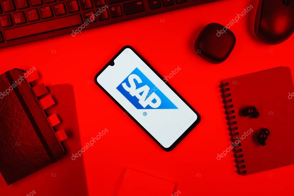 Prague, Czechia - 10 21 2024: Smartphone on surface showing SAP logo.