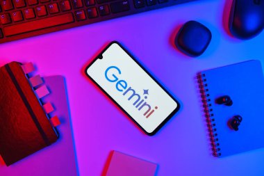 Prag, Çek Cumhuriyeti - 10 21 2024: Gemini logosunu gösteren akıllı telefon.