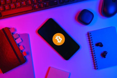 Prag, Çek Cumhuriyeti - 10 21 2024: Bitcoin logosunu gösteren akıllı telefon.