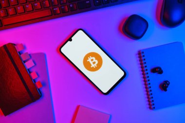 Prag, Çek Cumhuriyeti - 10 21 2024: Bitcoin logosunu gösteren akıllı telefon.