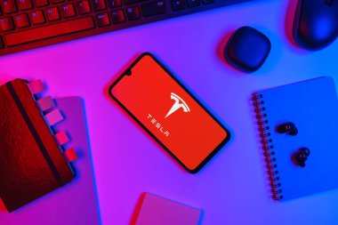 Prag, Çek Cumhuriyeti - 10 21 2024: Tesla logosunu gösteren akıllı telefon.