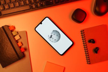Prag, Çek Cumhuriyeti - 10 21 2024: Wikipedia logosunu gösteren akıllı telefon.