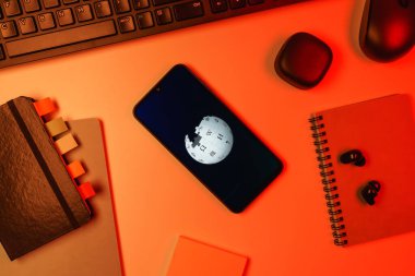 Prag, Çek Cumhuriyeti - 10 21 2024: Wikipedia logosunu gösteren akıllı telefon.