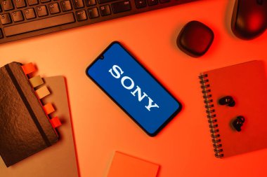 Prag, Çek Cumhuriyeti - 10 21 2024: Sony logosunu gösteren akıllı telefon.