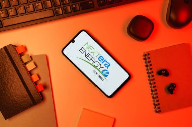 Prag, Çek Cumhuriyeti - 10 21 2024: Nextera Enerji logosunu gösteren akıllı telefon.