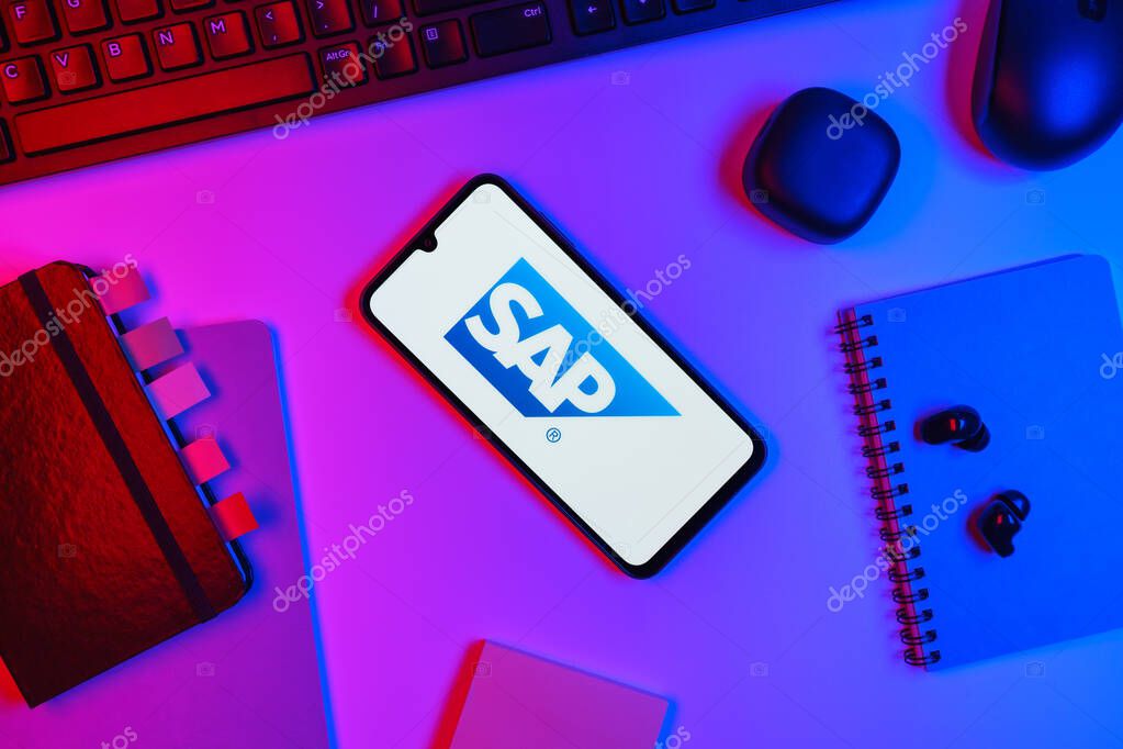Prague, Czechia - 10 21 2024: Smartphone on surface showing SAP logo.