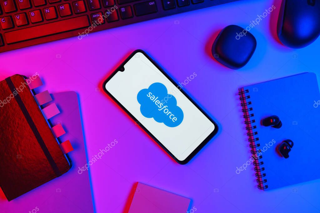 Prague, Czechia - 10 21 2024: Smartphone on surface showing Salesforce logo.