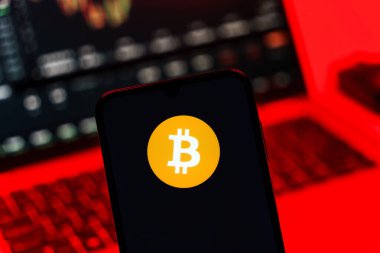 Prag, Çek Cumhuriyeti - 10 21 2024: Bitcoin logosunu gösteren akıllı telefon.