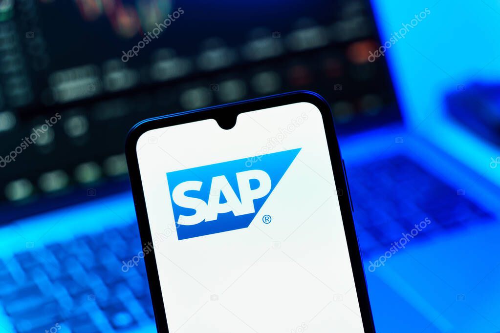 Prague, Czechia - 10 21 2024: Smartphone on surface showing SAP logo.