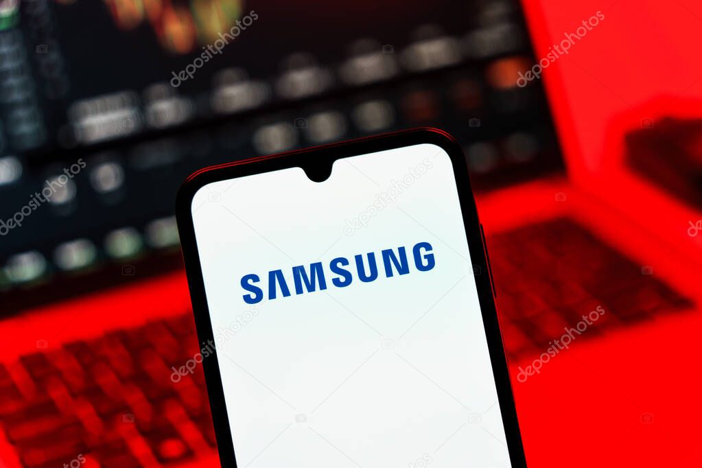 Prague, Czechia - 10 21 2024: Smartphone on surface showing Samsung logo.