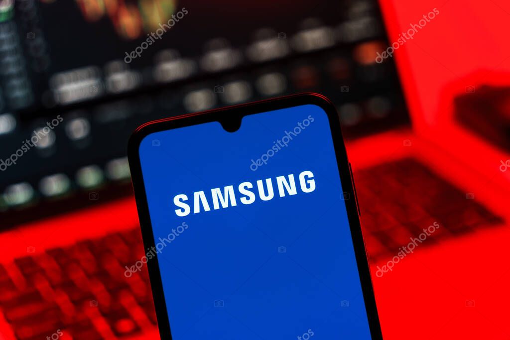 Prague, Czechia - 10 21 2024: Smartphone on surface showing Samsung logo.