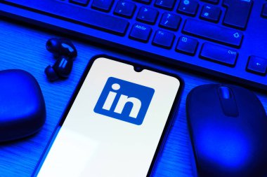Prag, Çek Cumhuriyeti - 10 21 2024: Yüzeyde LinkedIn logosunu gösteren akıllı telefon.