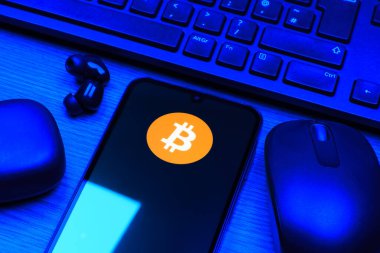 Prag, Çek Cumhuriyeti - 10 21 2024: Bitcoin logosunu gösteren akıllı telefon.