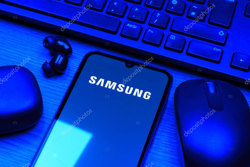Prague, Czechia - 10 21 2024: Smartphone on surface showing Samsung logo.