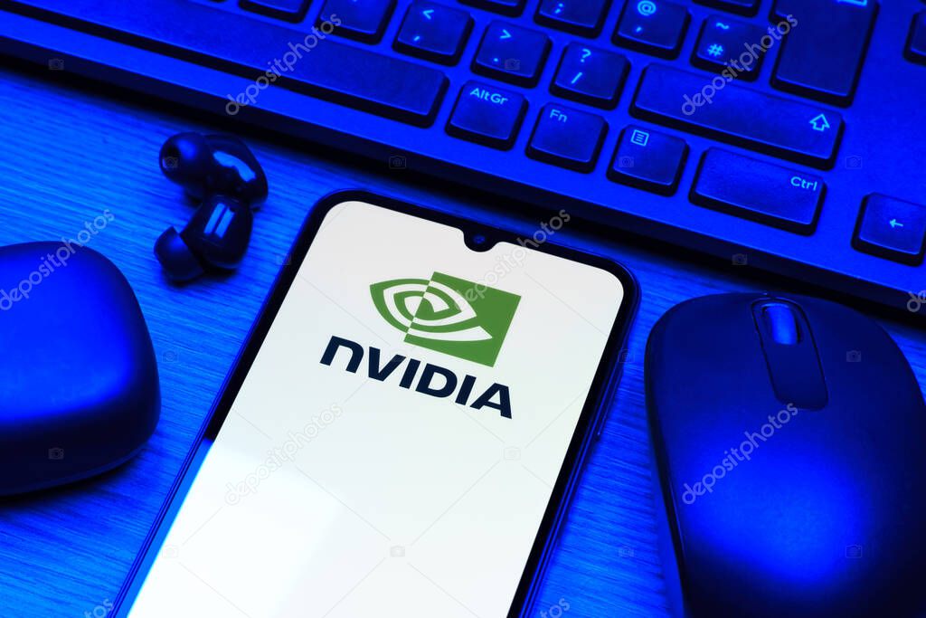 Prague, Czechia - 10 21 2024: Smartphone on surface showing NVIDIA logo.