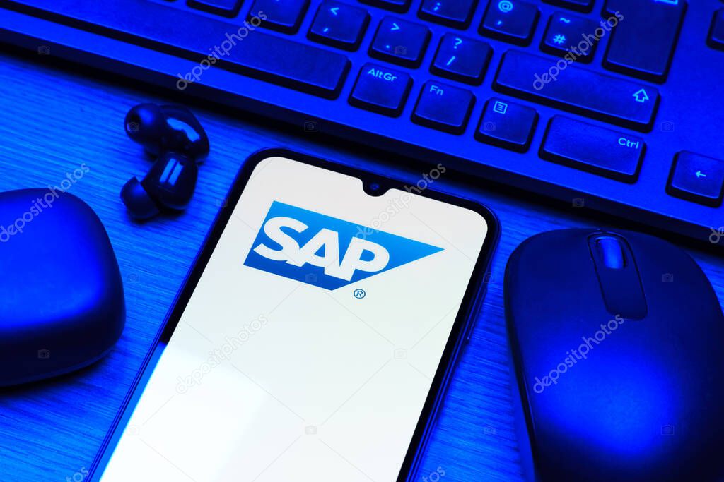 Prague, Czechia - 10 21 2024: Smartphone on surface showing SAP logo.