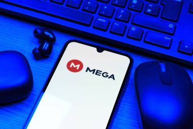 Prag, Çek Cumhuriyeti - 10 21 2024: Mega logosunu gösteren akıllı telefon.
