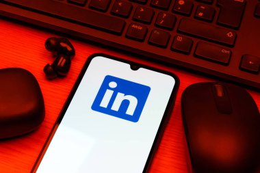 Prag, Çek Cumhuriyeti - 10 21 2024: Yüzeyde LinkedIn logosunu gösteren akıllı telefon.