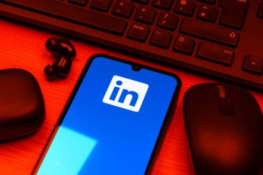 Prag, Çek Cumhuriyeti - 10 21 2024: Yüzeyde LinkedIn logosunu gösteren akıllı telefon.