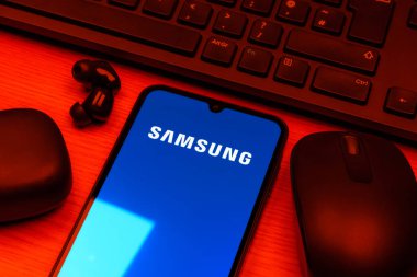 Prag, Çek Cumhuriyeti - 10 21 2024: Samsung logosunu gösteren akıllı telefon.