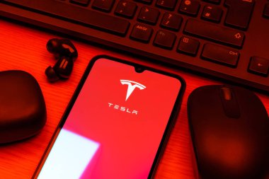 Prag, Çek Cumhuriyeti - 10 21 2024: Tesla logosunu gösteren akıllı telefon.